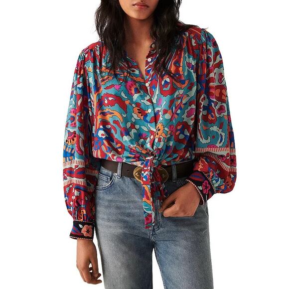 Ba&sh Martha Printed Cropped Blouse - Bleu